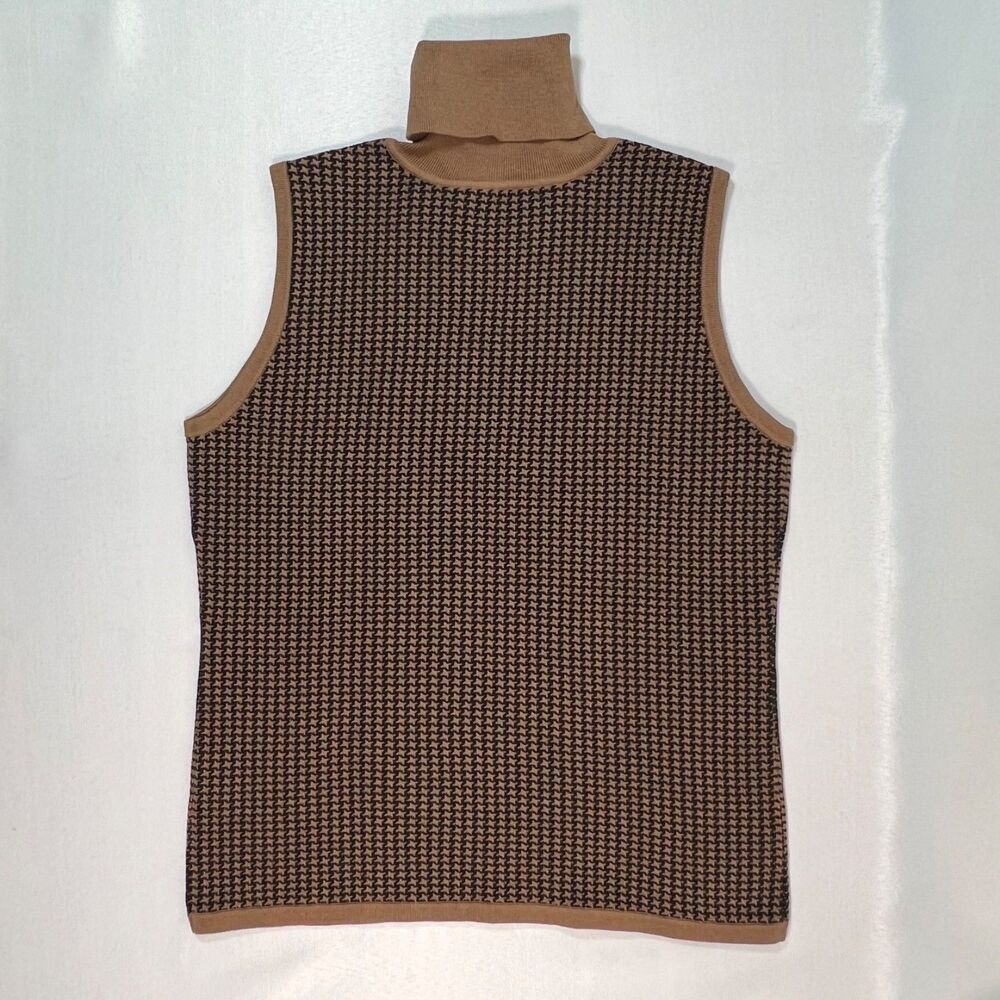Carlisle Preppy Houndstooth Turtleneck Silk Cotton Top M Tan Black Dark Academia